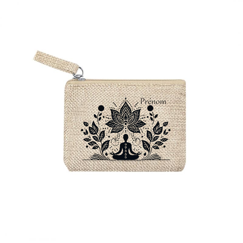 Pochette personnalisée motif bouddha yoga en toile et simili cuir personnalisée