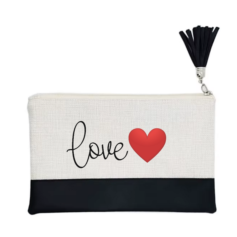 Pochette motif love et cœur en toile et simili cuir
