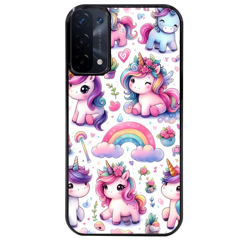 Coque noire taperso pour OPPO A54 et A74 5G avec motif licorne arc en ciel protection antichoc personnalisée