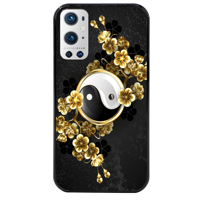 Coque noire taperso pour OnePlus 9 et 9 PRO avec motif yin yang et fleur protection antichoc personnalisée
