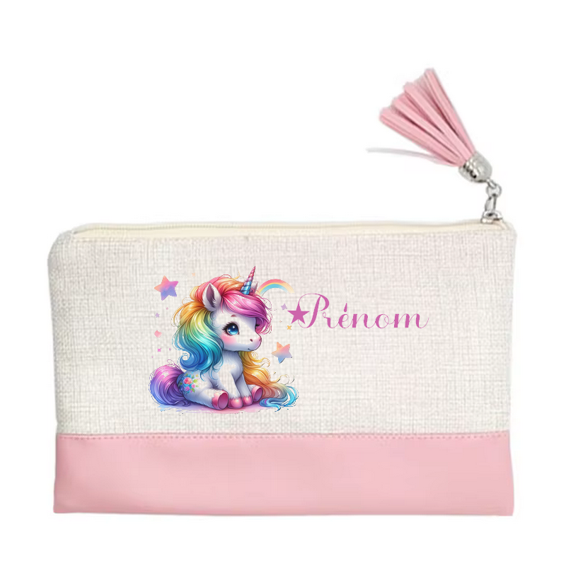 Pochette personnalisée motif licorne étoile en toile et simili cuir personnalisée
