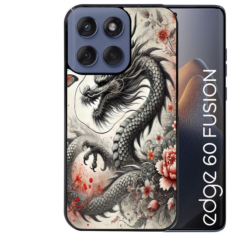 Coque noire taperso pour Moto Edge 60 et Neo Fusion Pro avec motif dragon japan protection antichoc personnalisée
