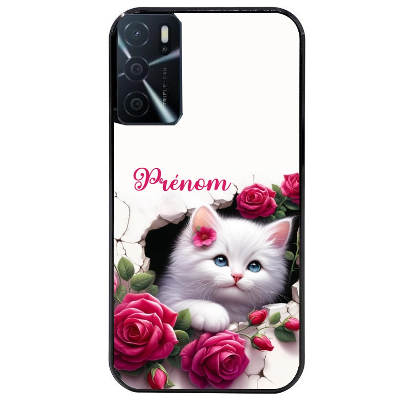 Coque noire taperso pour OPPO A16 et A16S avec motif chat fleurs personnalisee protection antichoc personnalisée