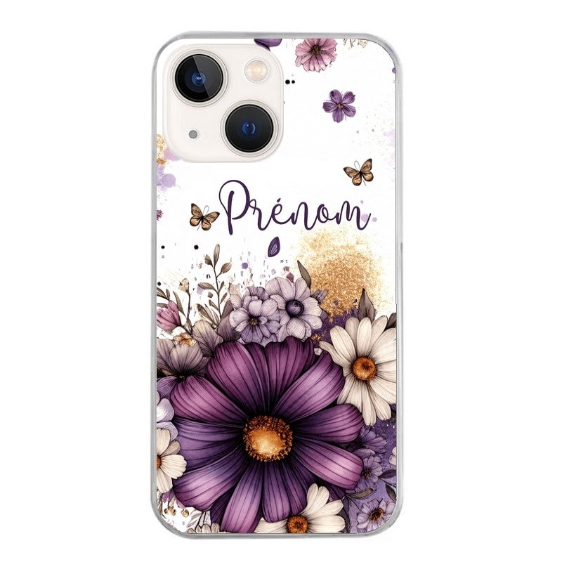 Coque taperso pour Iphone 15 et PRO PLUS PRO MAX avec motif fleur violette personnalisee protection antichoc personnalisée
