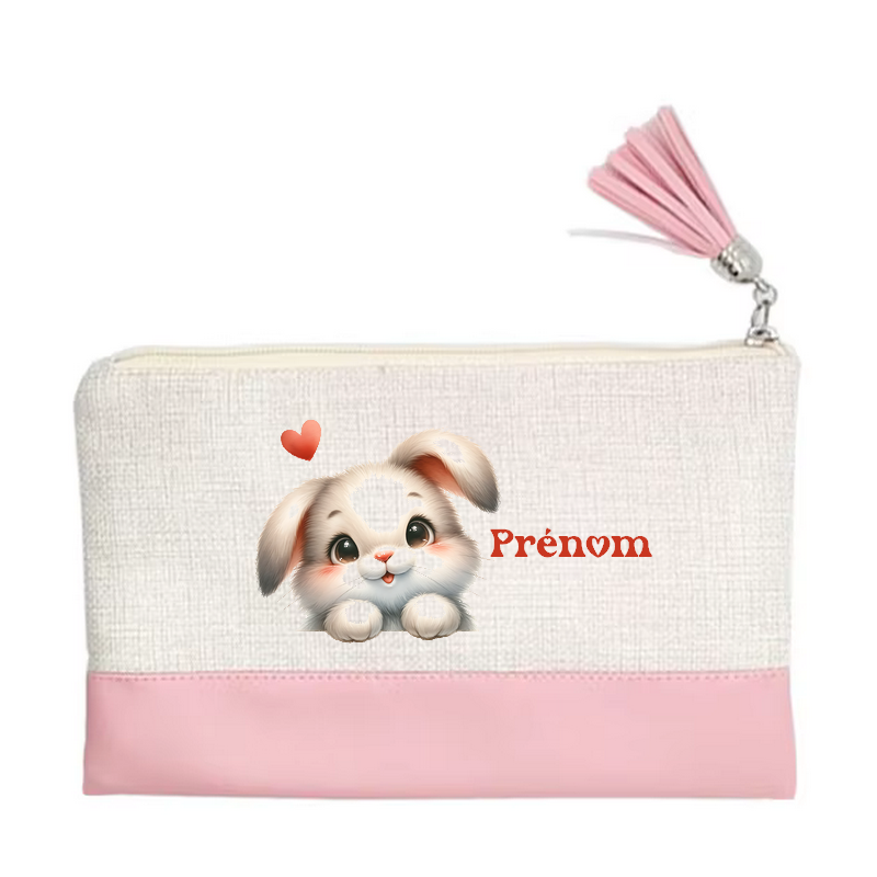 Pochette personnalisée motif lapin cœur en toile et simili cuir personnalisée