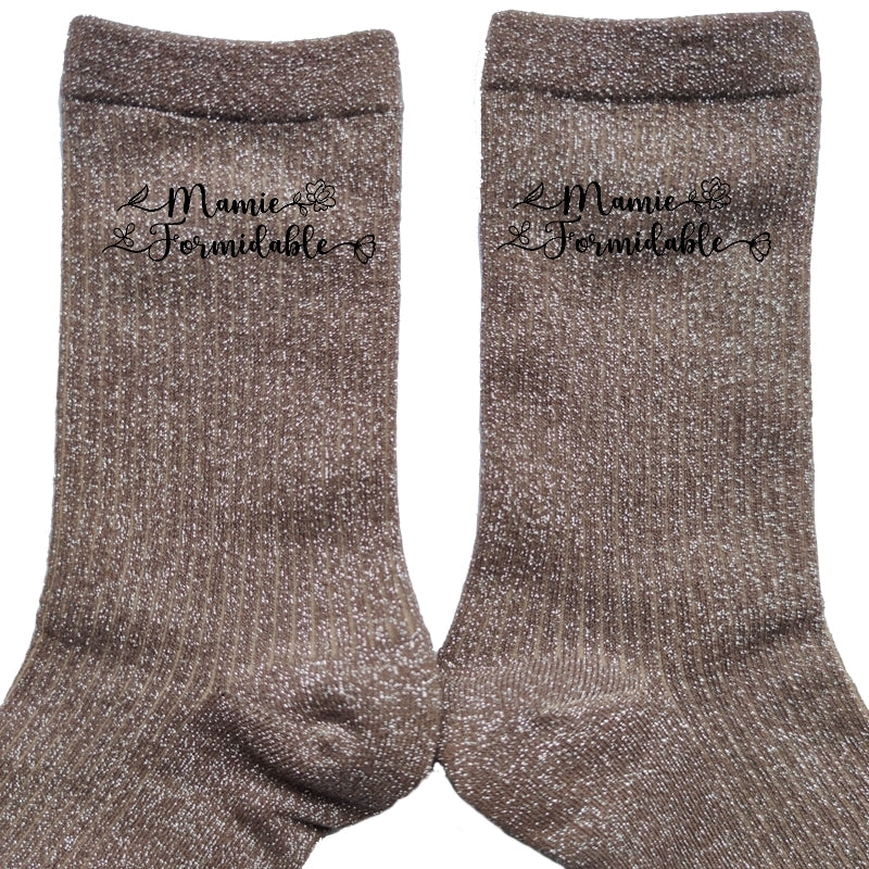 Chaussettes paillettes bronze motif mamie formidable
