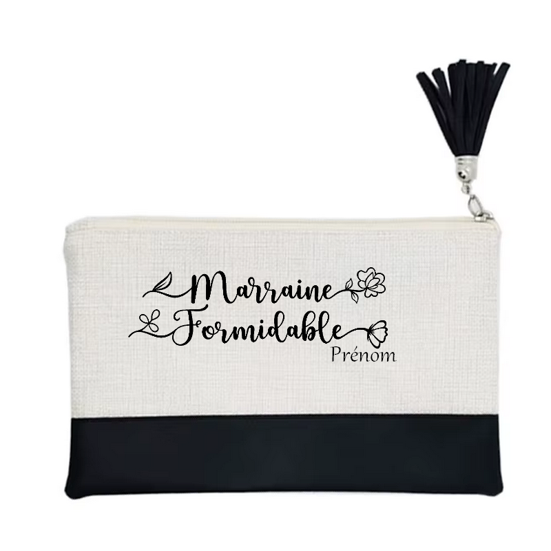Pochette personnalisée motif marraine formidable en toile et simili cuir personnalisée