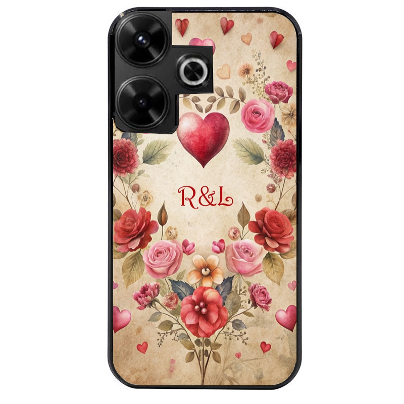 Coque noire taperso pour POCO M6 4G avec motif coeur vintage et initiales personnalisee protection antichoc personnalisée