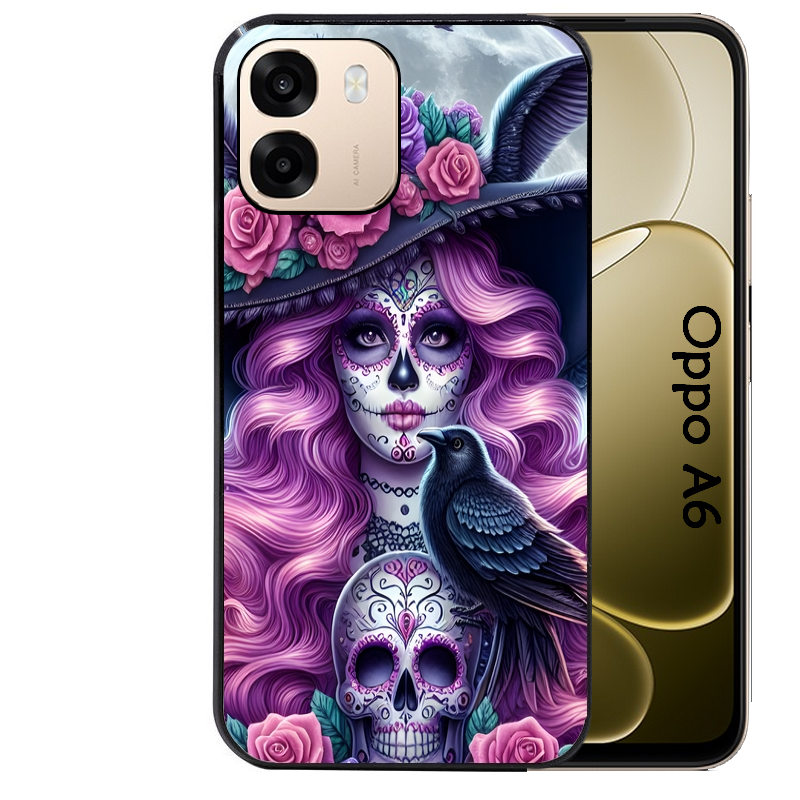 Coque noire taperso pour OPPO A6 A6X 4G et 5G avec motif tete de mort calavera et corbeau protection antichoc personnalisée