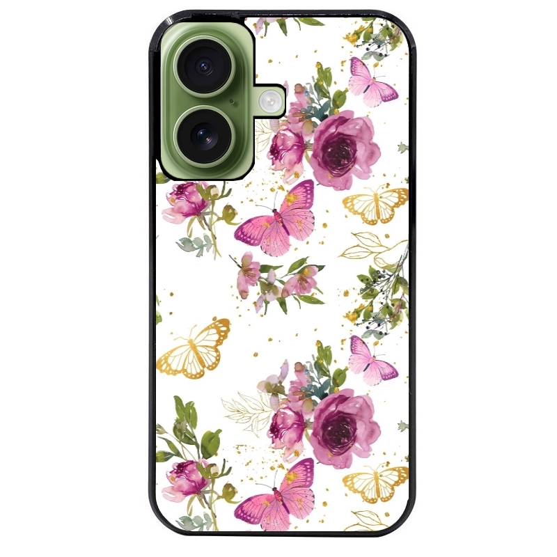 Coque noire taperso pour Iphone 16 16E PLUS MAX PRO avec motif fleur et papillon protection antichoc personnalisée