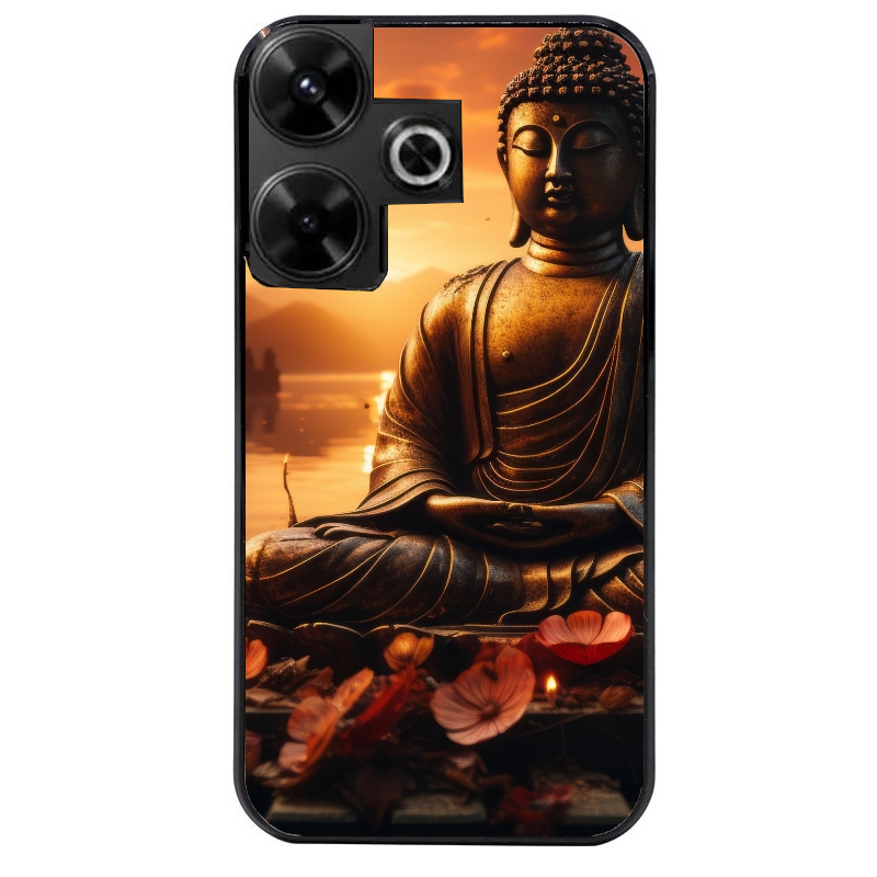 Coque noire taperso pour POCO M6 4G avec motif bouddha et soleil protection antichoc personnalisée