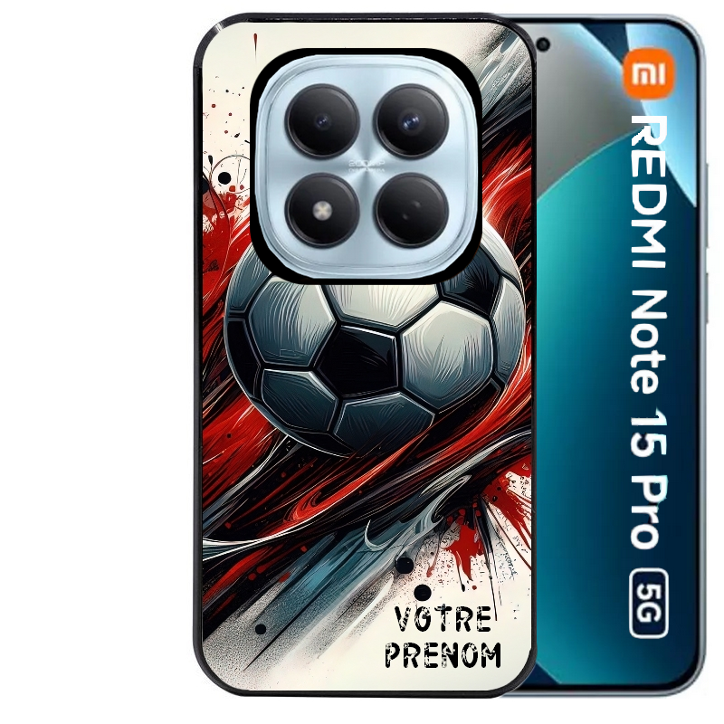 Coque noire taperso pour Redmi Note 15 et PRO PLUS 4G 5G avec motif ballon foot avec prenom protection antichoc personnalisée