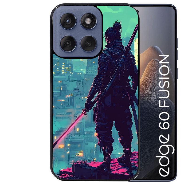 Coque noire taperso pour Moto Edge 60 et Neo Fusion Pro avec motif samourai new york protection antichoc personnalisée