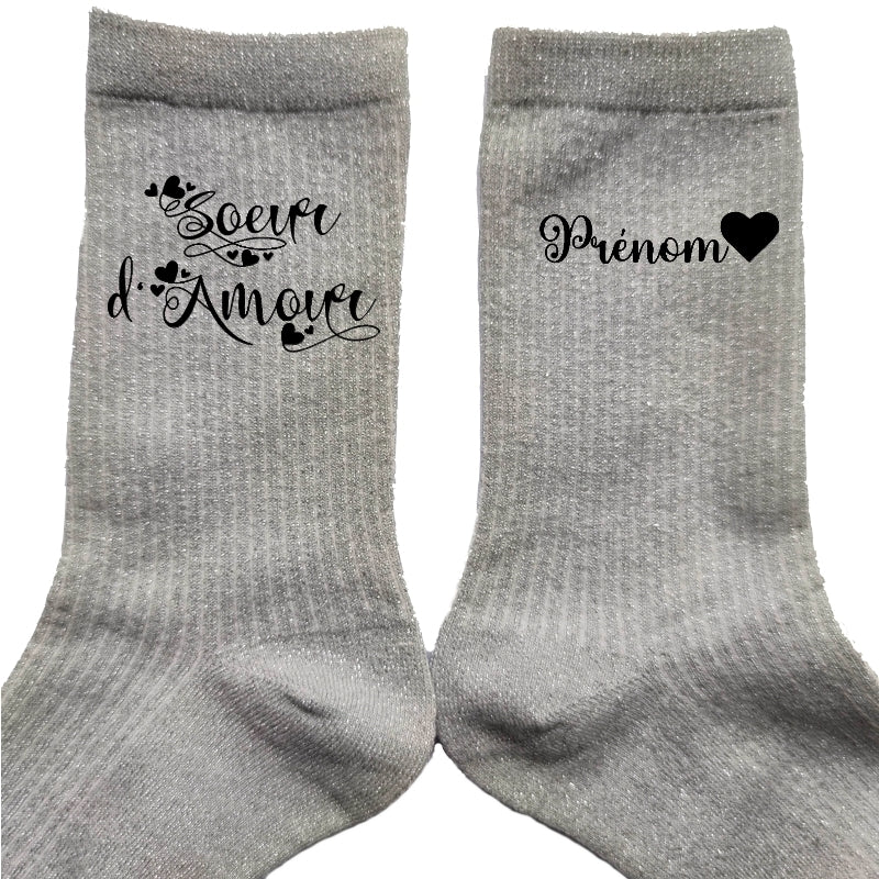 Chaussettes personnalisée paillettes argent motif soeur d'amour