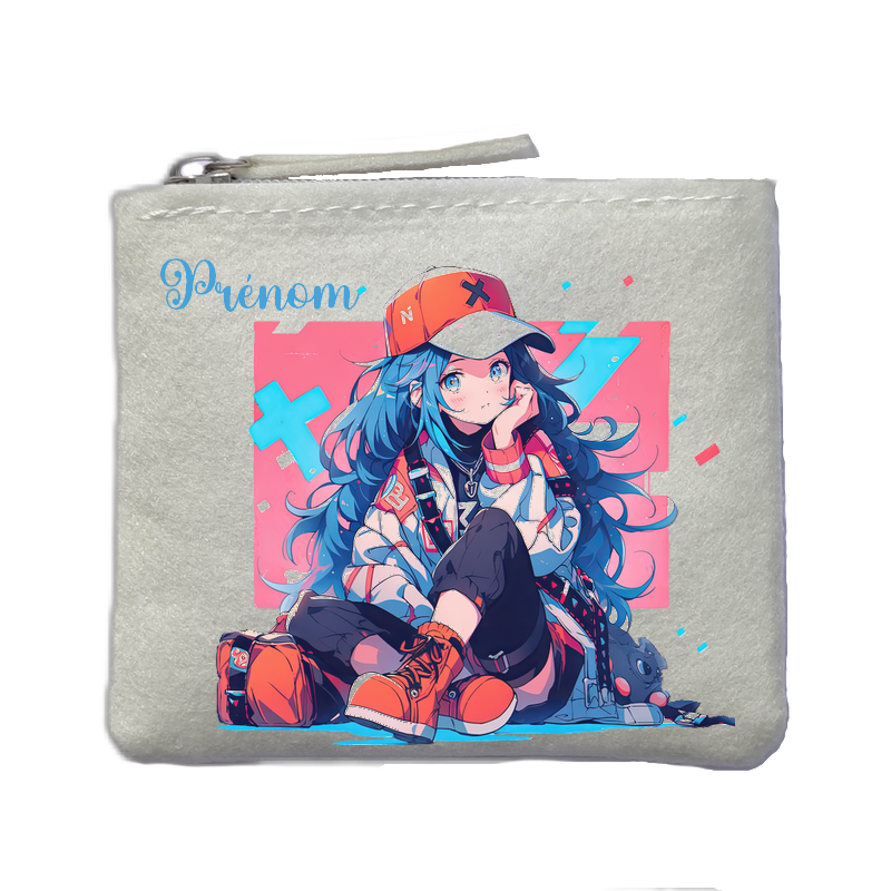 Porte monnaie personnalisé anime casquette ivoire en feutrine en feutrine ivoire