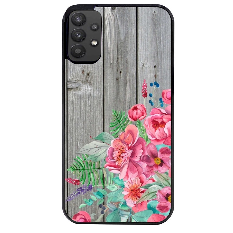 Coque noire taperso pour galaxy A22 A32 A52 A52S 4G 5G  avec motif bois gris et fleur rose protection antichoc personnalisée
