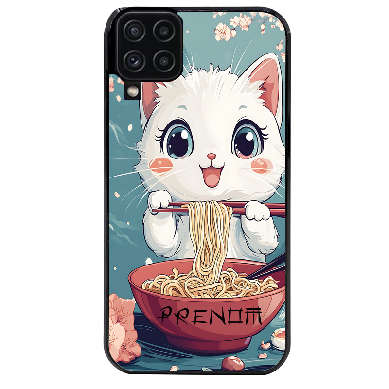 Coque noire taperso pour galaxy A22 A32 A52 A52S 4G 5G  avec motif chat ramen cerisier protection antichoc personnalisée