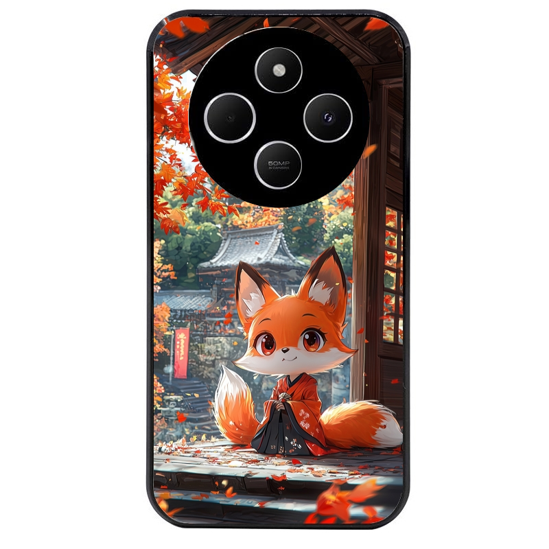 Coque noire taperso pour POCO C75 avec motif renard et fox anime protection antichoc personnalisée