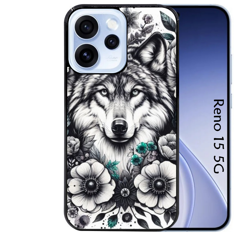 Coque noire taperso pour OPPO Reno 15 et F FS 5G avec motif loup et fleur protection antichoc personnalisée