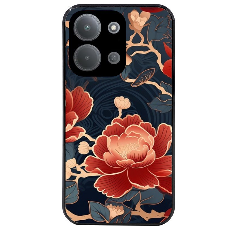 Coque noire taperso pour POCO C85 avec motif fleur japan protection antichoc personnalisée