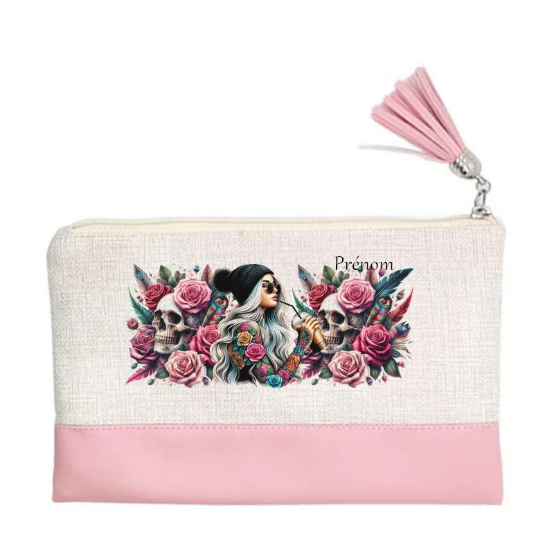 Pochette personnalisée motif tete de mort plume en toile et simili cuir personnalisée