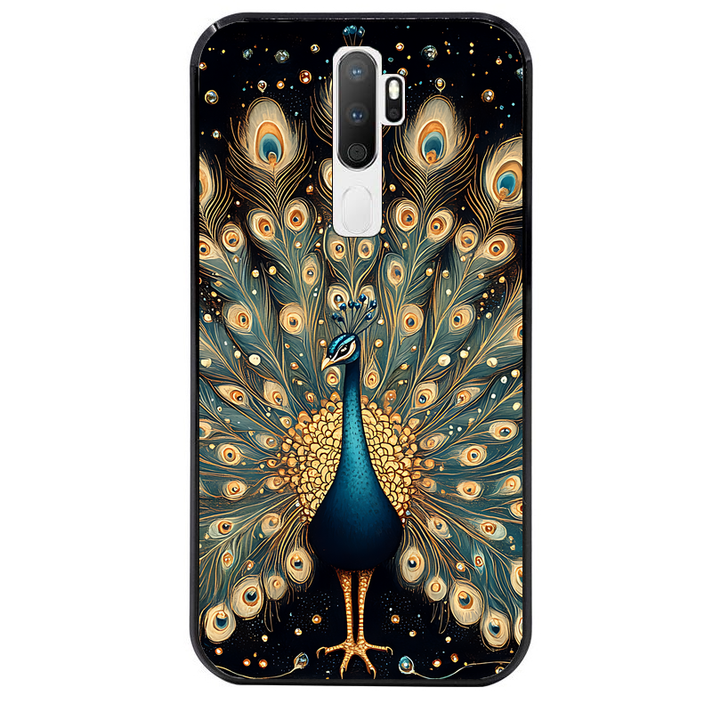 Coque noire taperso pour OPPO A5 A9 2020 avec motif paon mandala protection antichoc personnalisée