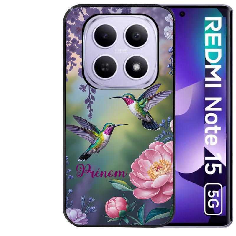 Coque noire taperso pour Redmi Note 15 et PRO PLUS 4G 5G avec motif colibri couple personnalise protection antichoc personnalisée