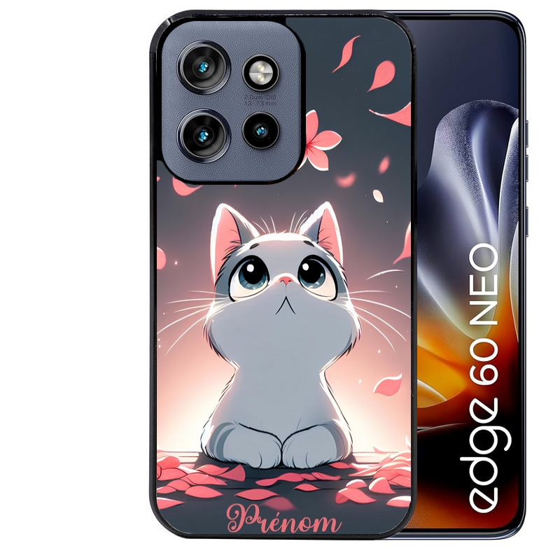 Coque noire taperso pour Moto Edge 60 et Neo Fusion Pro avec motif chat anime avec votre prenom protection antichoc personnalisée