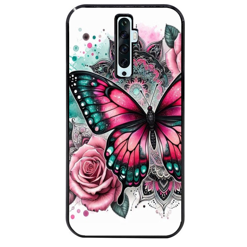 Coque noire taperso pour OPPO Reno 2 et 2Z avec motif papillon rose protection antichoc personnalisée