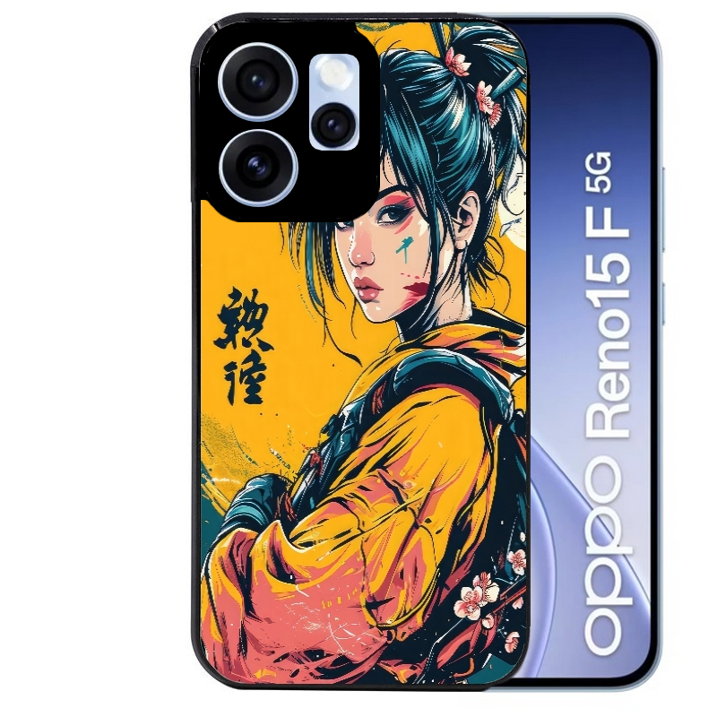 Coque noire taperso pour OPPO Reno 15 et F FS 5G avec motif samourai girl anime protection antichoc personnalisée