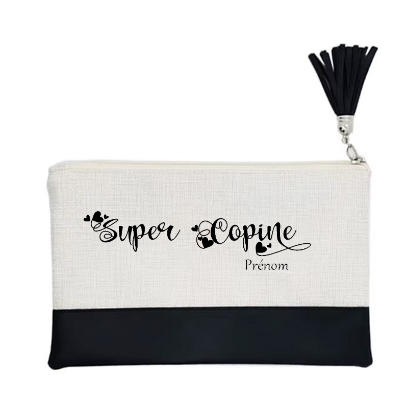 Pochette personnalisée motif super copine en toile et simili cuir personnalisée