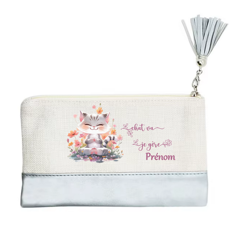 Pochette personnalisée motif chat yoga en toile et simili cuir personnalisée