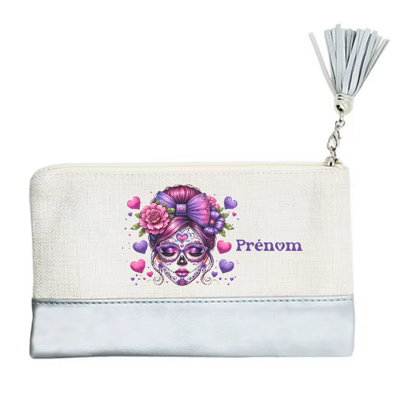 Pochette personnalisée motif tete de mort cœur en toile et simili cuir personnalisée