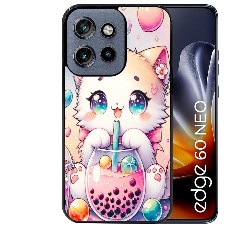 Coque noire taperso pour Moto Edge 60 et Neo Fusion Pro avec motif chat bubble style manga protection antichoc personnalisée