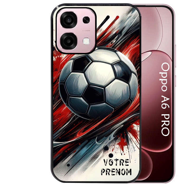 Coque noire taperso pour OPPO A6 PRO 4G et 5G avec motif ballon foot avec prenom protection antichoc personnalisée