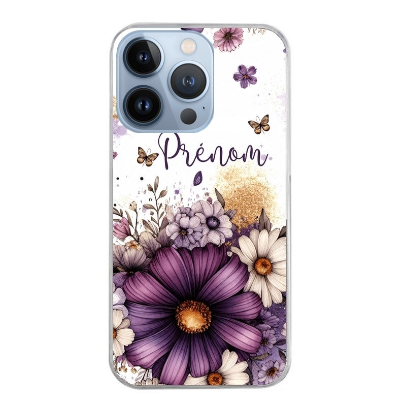 Coque taperso pour Iphone 12 et PRO MINI PRO MAX avec motif fleur violette personnalisee protection antichoc personnalisée