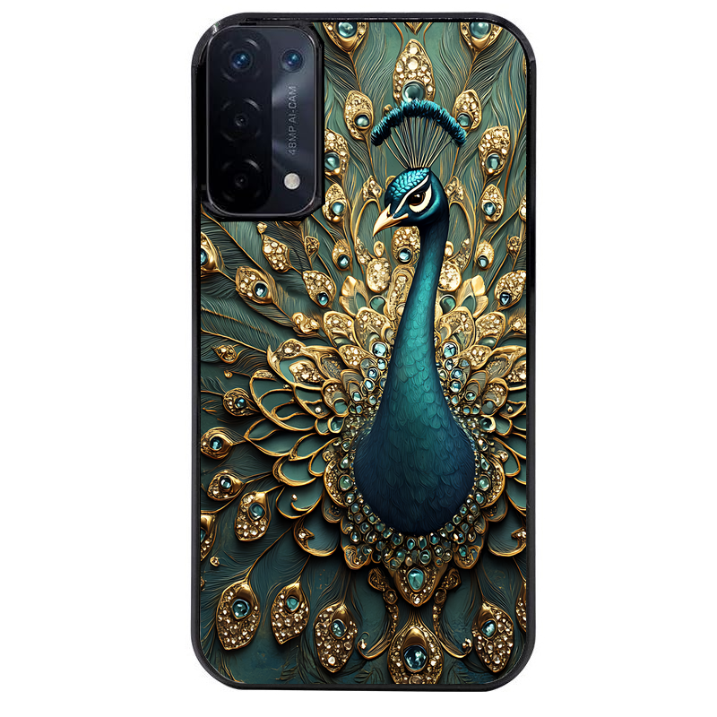 Coque noire taperso pour OPPO A54 et A74 5G avec motif paon bijoux protection antichoc personnalisée