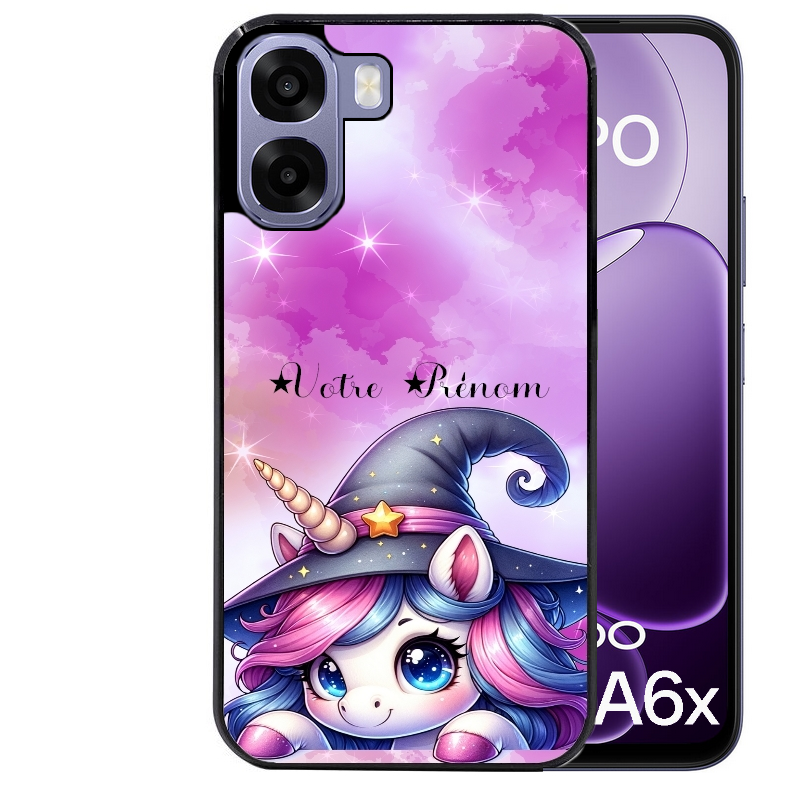 Coque noire taperso pour OPPO A6 A6X 4G et 5G avec motif licorne magic avec prenom protection antichoc personnalisée