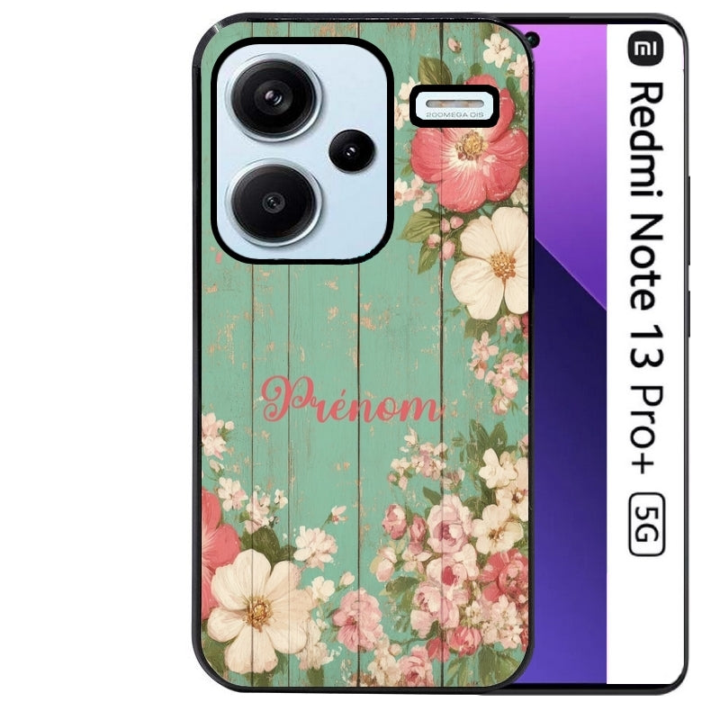 Coque noire taperso pour Redmi Note 13 PRO PLUS 5G avec motif bois et fleur avec votre prenom protection antichoc personnalisée