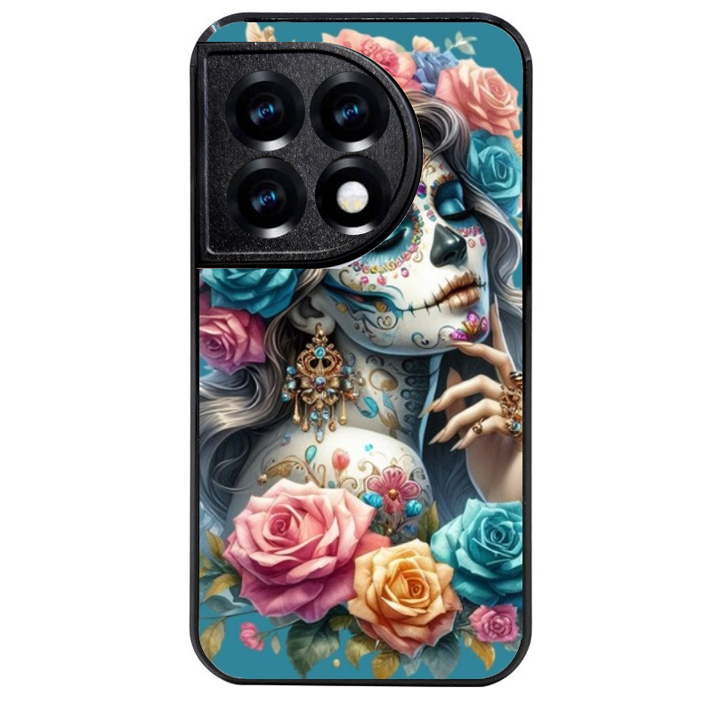 Coque noire taperso pour OnePlus 11 et 12 avec motif tete de mort calavera bleu protection antichoc personnalisée