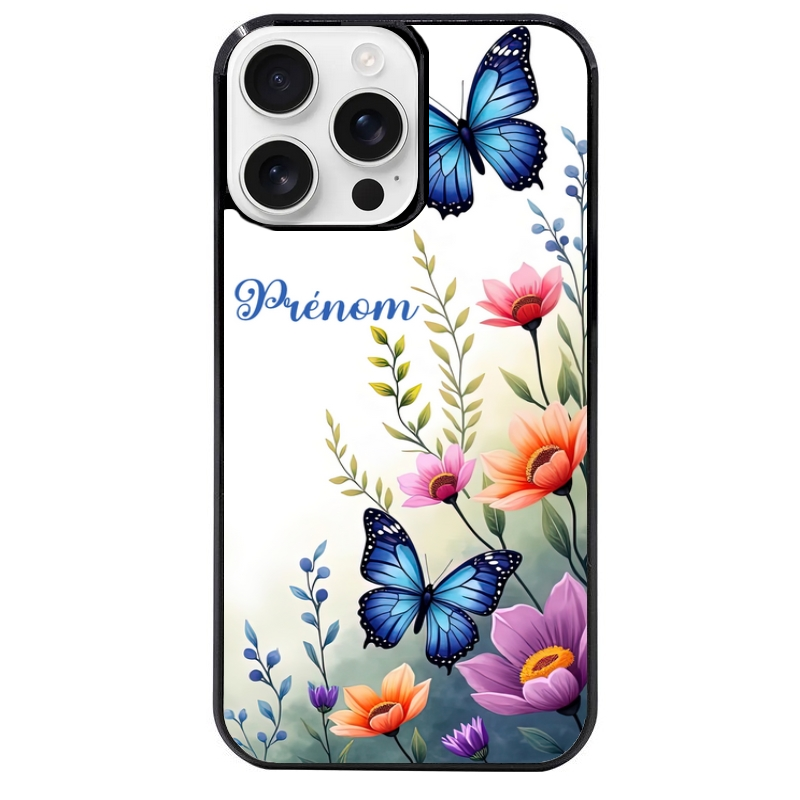 Coque noire taperso pour Iphone 16 16E PLUS MAX PRO avec motif papillon prenom personnalisee protection antichoc personnalisée