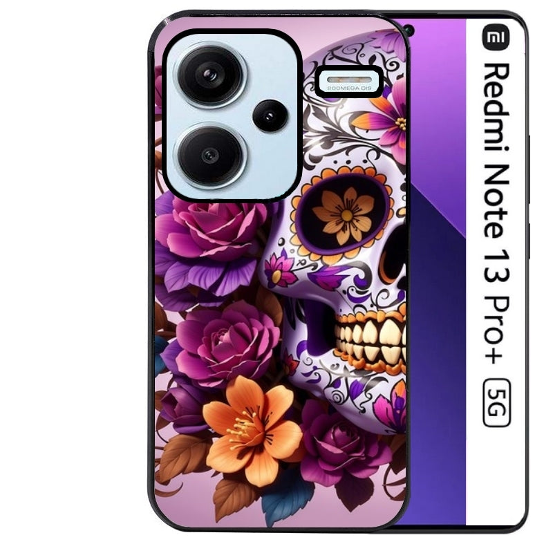 Coque noire taperso pour Redmi Note 13 PRO PLUS 5G avec motif tete de mort calavera violette protection antichoc personnalisée