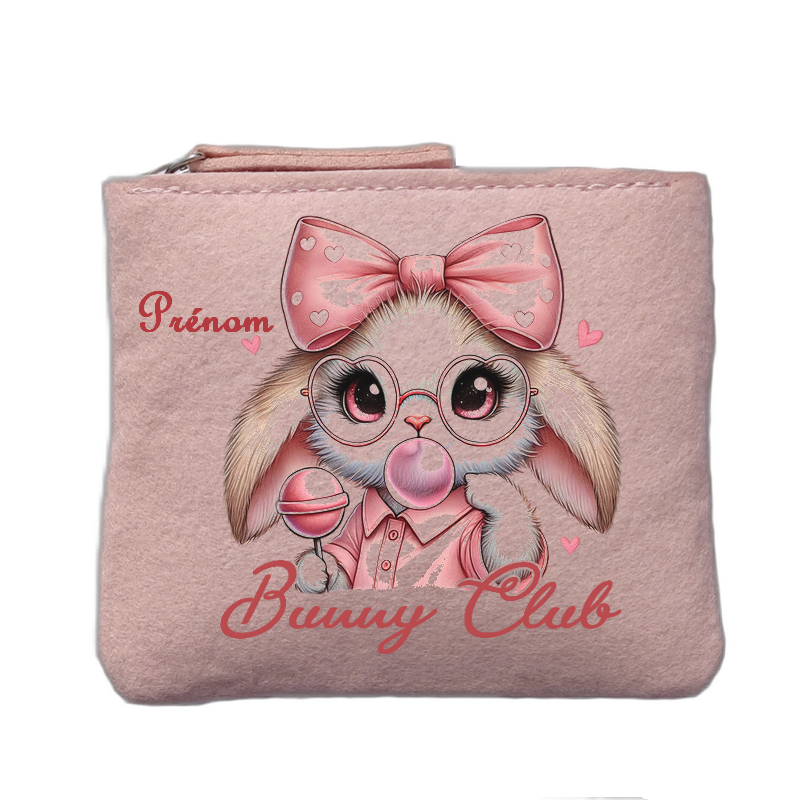 Porte monnaie personnalisé motif lapin club rose clair en feutrine en feutrine