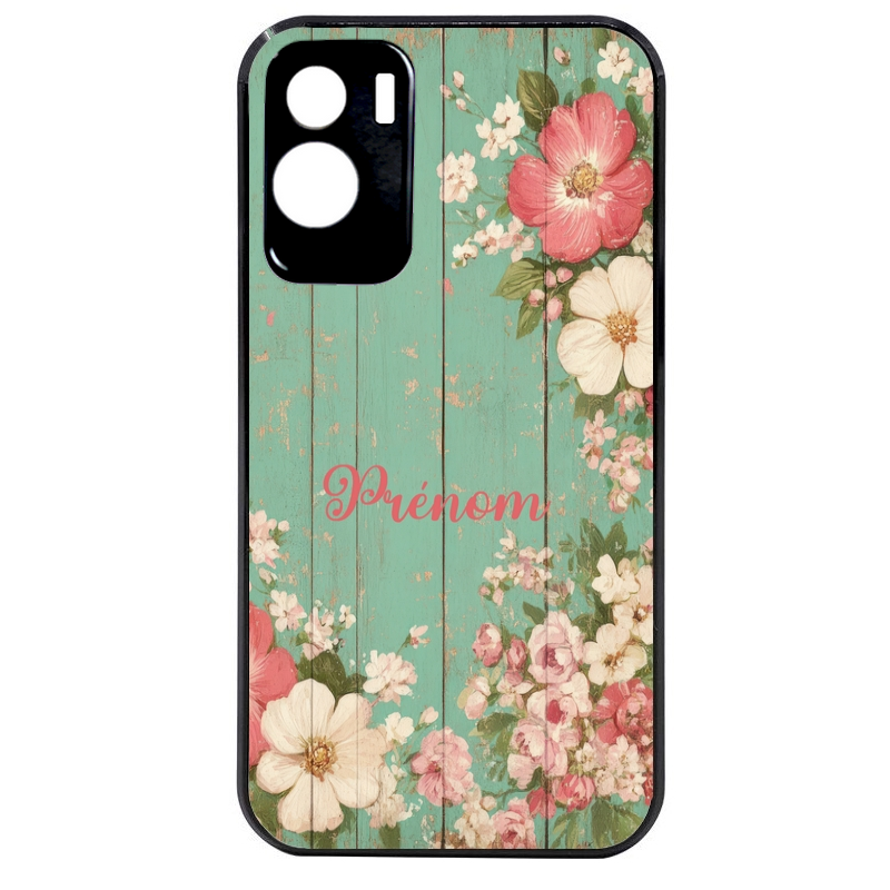 Coque noire taperso pour Honor 70 LITE 90 et LITE avec motif bois et fleur avec votre prenom protection antichoc personnalisée