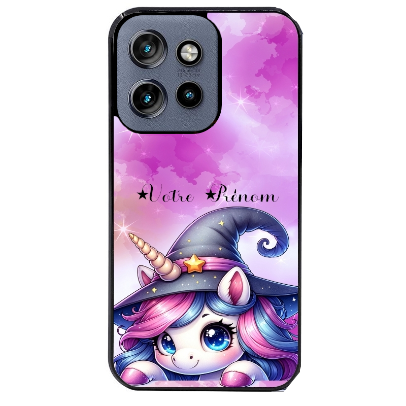 Coque noire taperso pour Moto Edge 60 et Neo Fusion Pro avec motif licorne magic avec prenom protection antichoc personnalisée