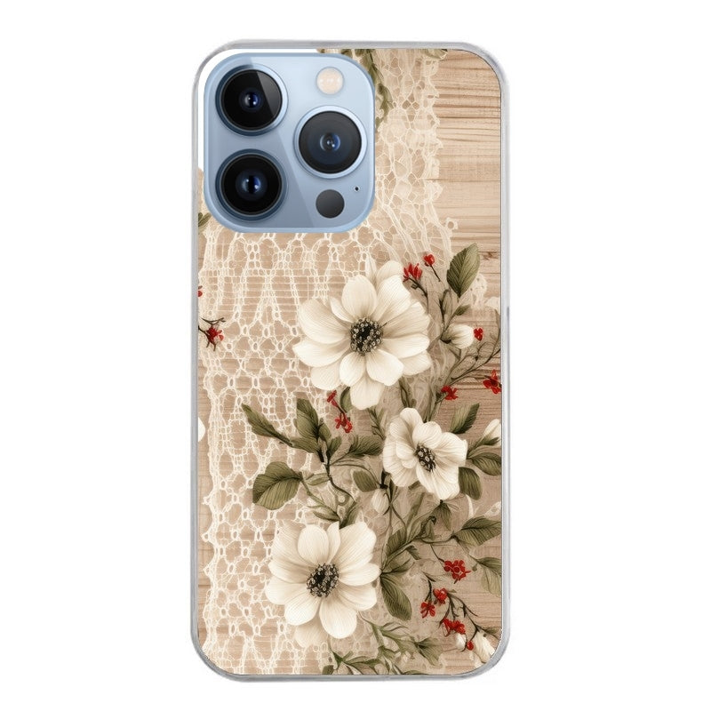 Coque taperso pour Iphone 13 et PRO MINI PRO MAX avec motif bois et dentelle 2 protection antichoc personnalisée