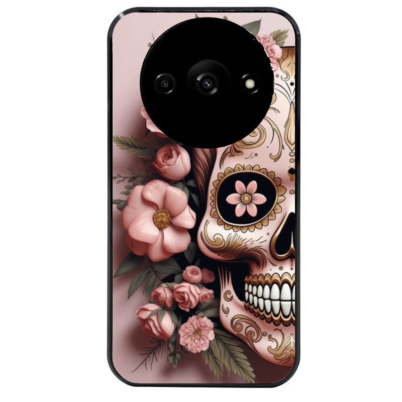 Coque noire taperso pour Redmi A3 avec motif tete de mort calavera rose protection antichoc personnalisée