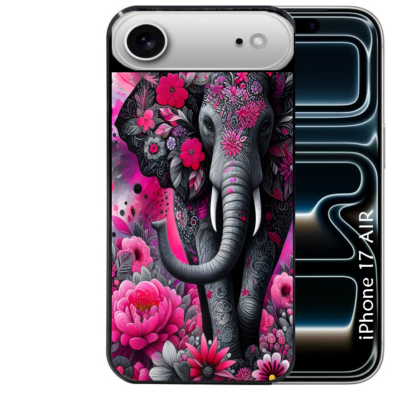 Coque noire taperso pour Iphone 17 17E AIR MAX PRO avec motif elephant et fleurs protection antichoc personnalisée