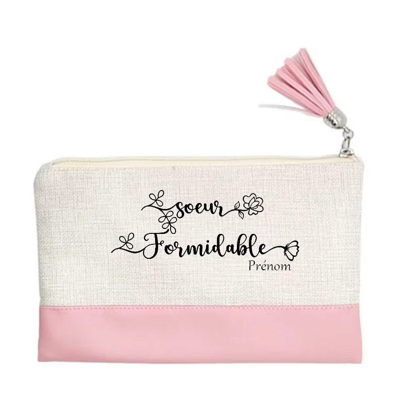 Pochette personnalisée motif soeur formidable en toile et simili cuir personnalisée