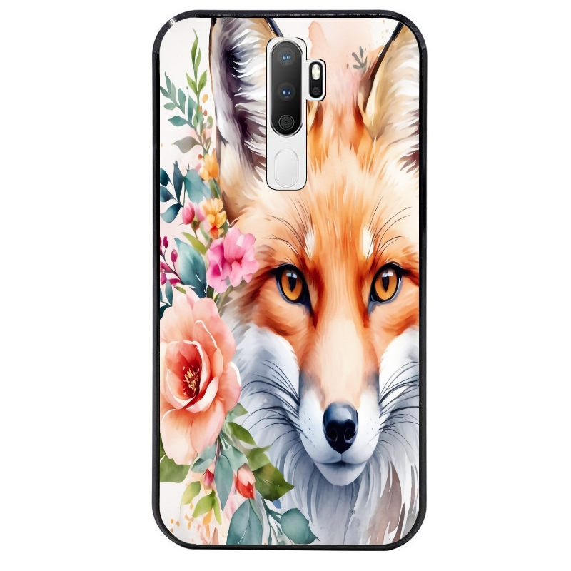 Coque noire taperso pour OPPO A5 A9 2020 avec motif renard fox et fleurs protection antichoc personnalisée